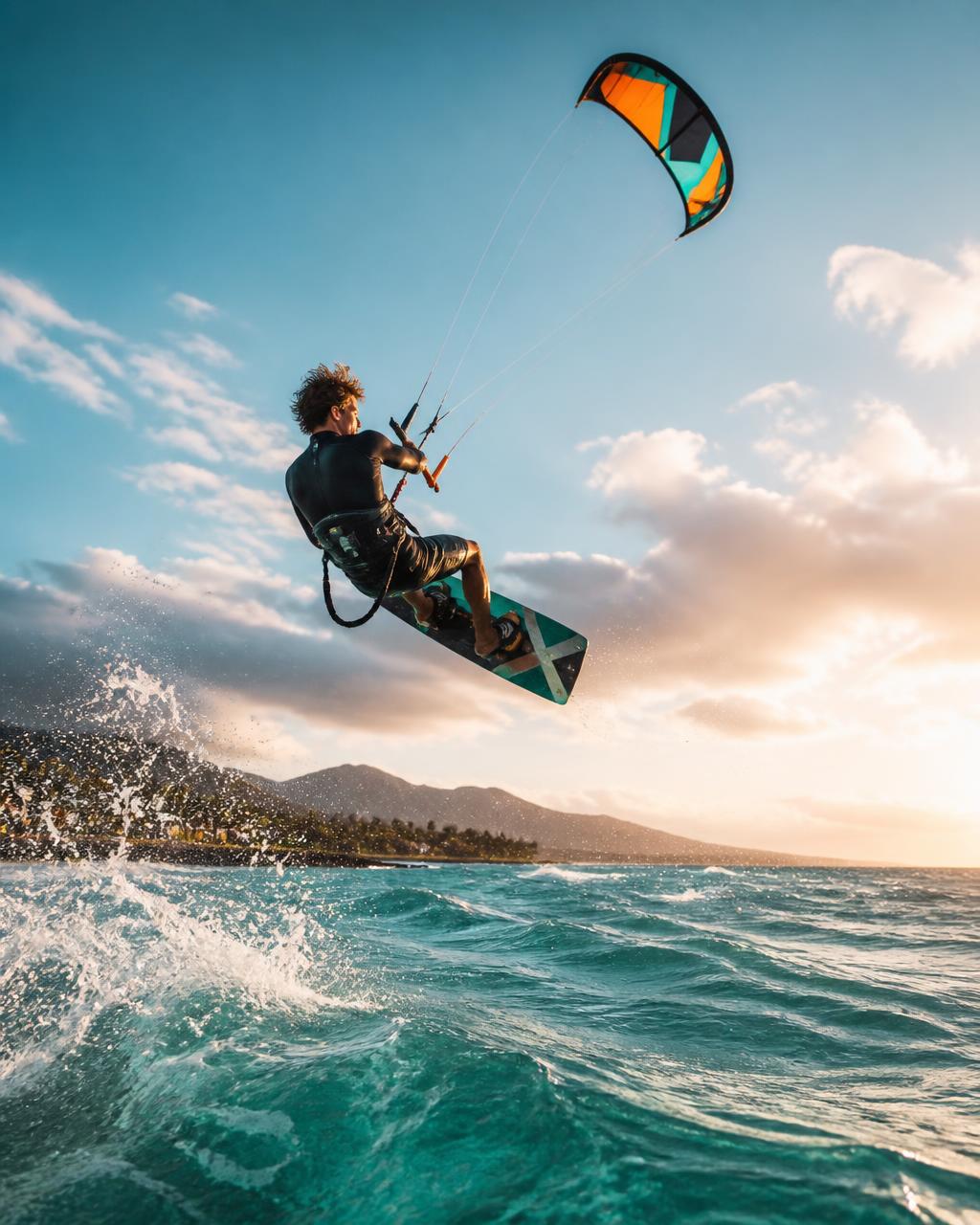 Kitesurfista volando sobre el océano